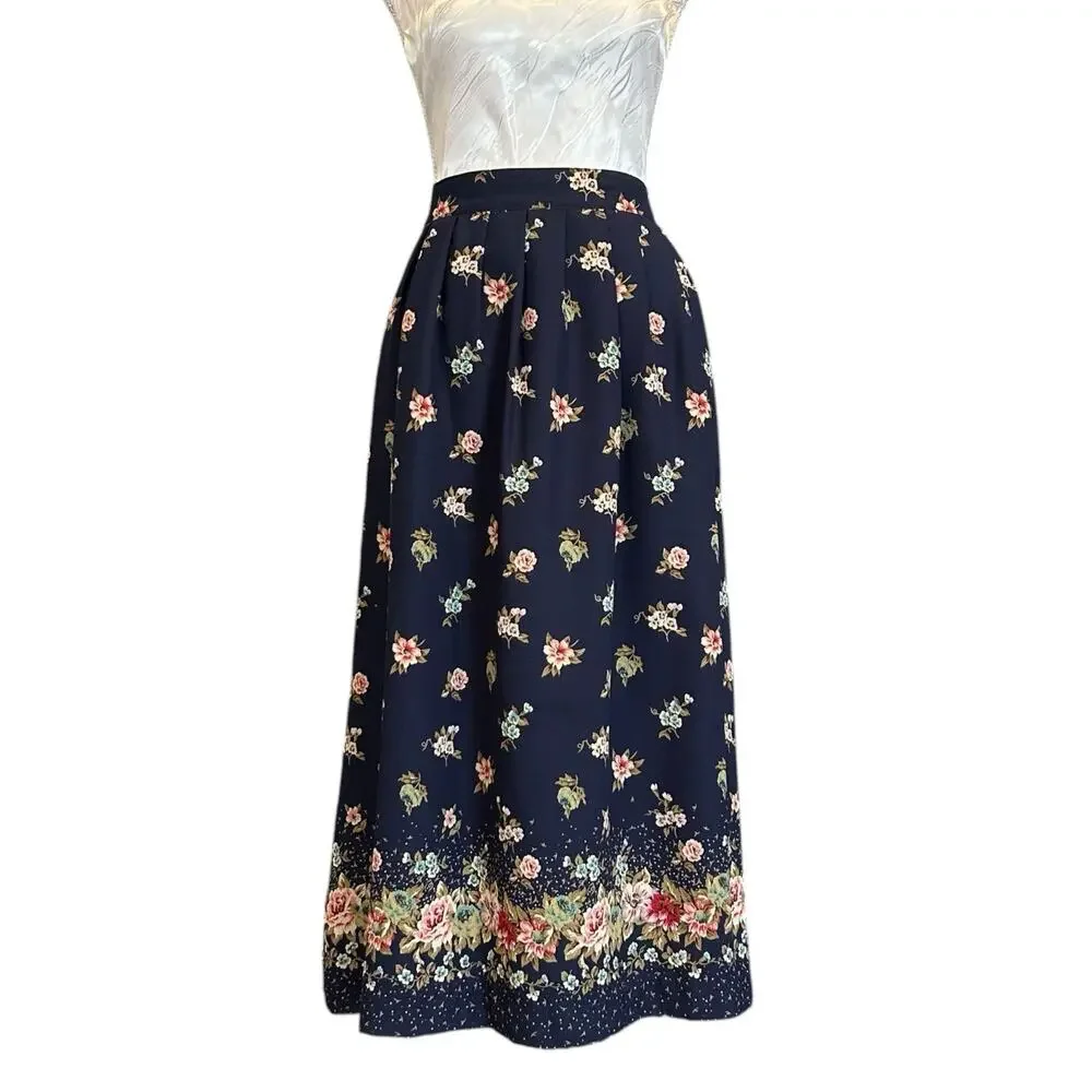 Leslie Fay Navy Floral Border Midi Skirt 16P Coastal Chic - Picture 2 of 14